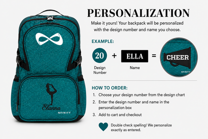Personalized Teal Glitter Nfinity Cheer Backpack | Custom Cheerleader Competition Bag | Sparkle Athletic School Backpack Gift for Girls