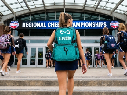 Personalized Teal Nfinity Sparkle Backpack | Custom Embroidered Cheer, Dance & Gymnastics Competition Bag