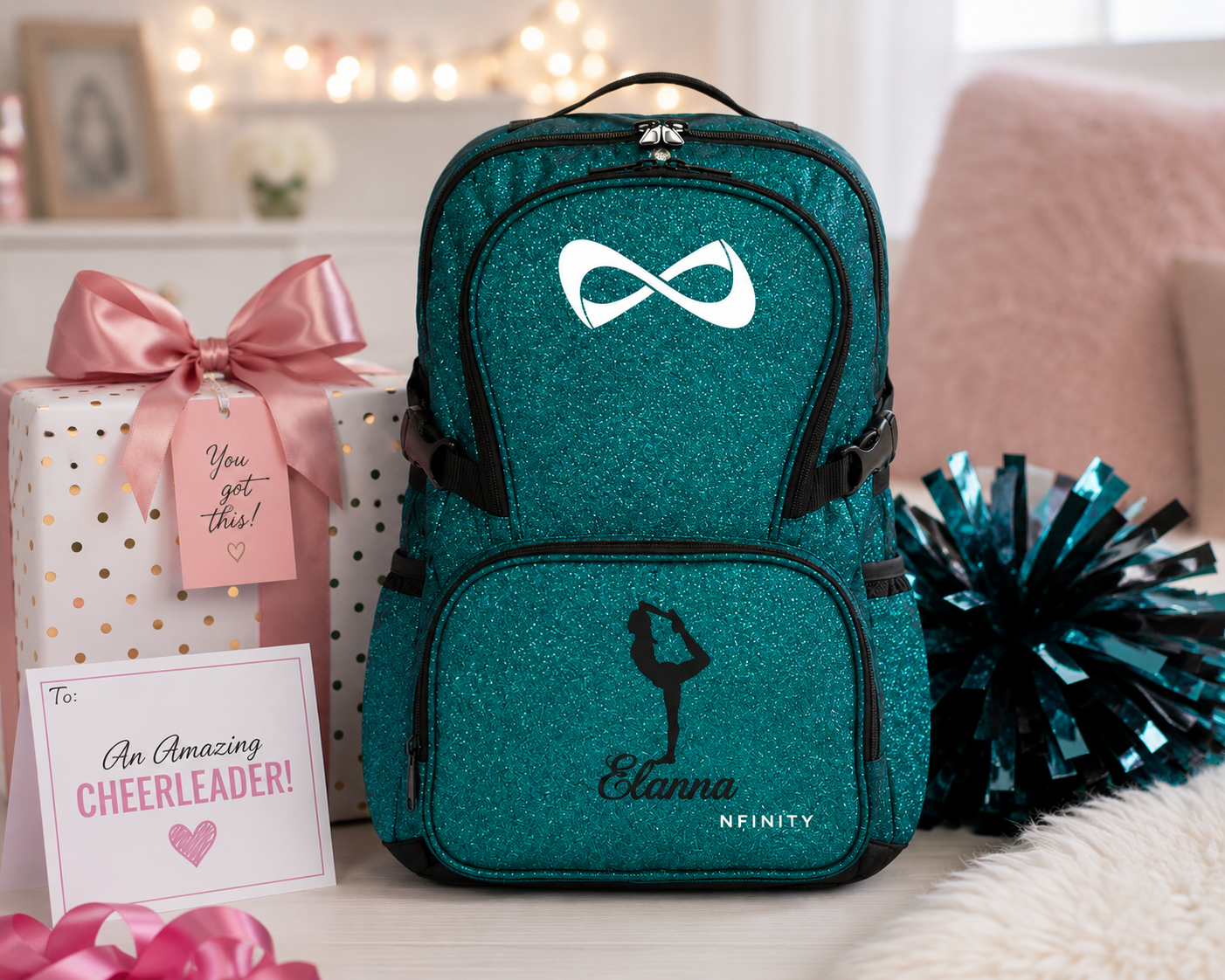 Personalized Teal Glitter Nfinity Cheer Backpack | Custom Cheerleader Competition Bag | Sparkle Athletic School Backpack Gift for Girls