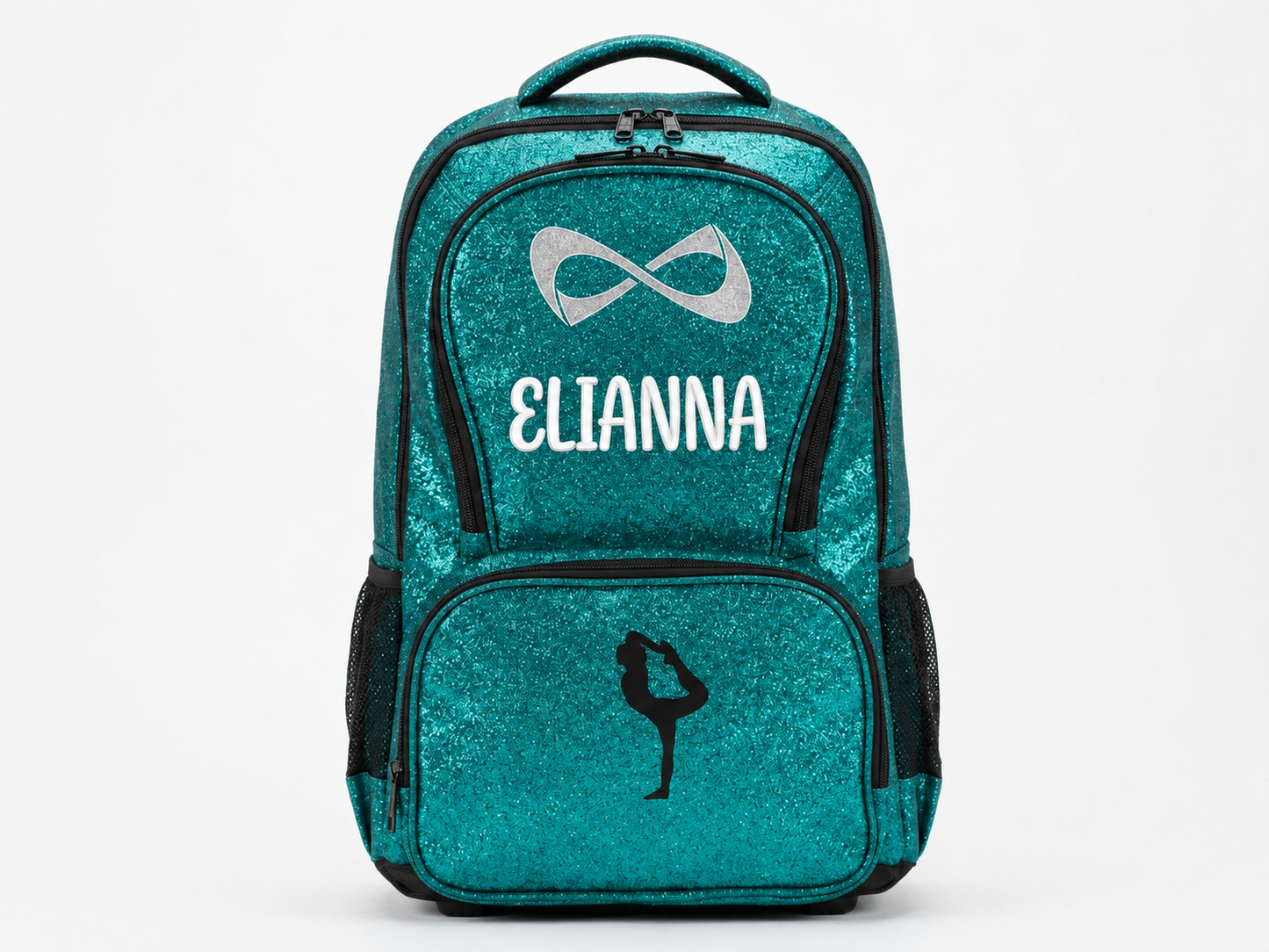 Personalized Teal Nfinity Sparkle Backpack | Custom Embroidered Cheer, Dance & Gymnastics Competition Bag