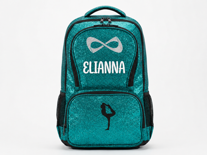 Personalized Teal Nfinity Sparkle Backpack | Custom Embroidered Cheer, Dance & Gymnastics Competition Bag