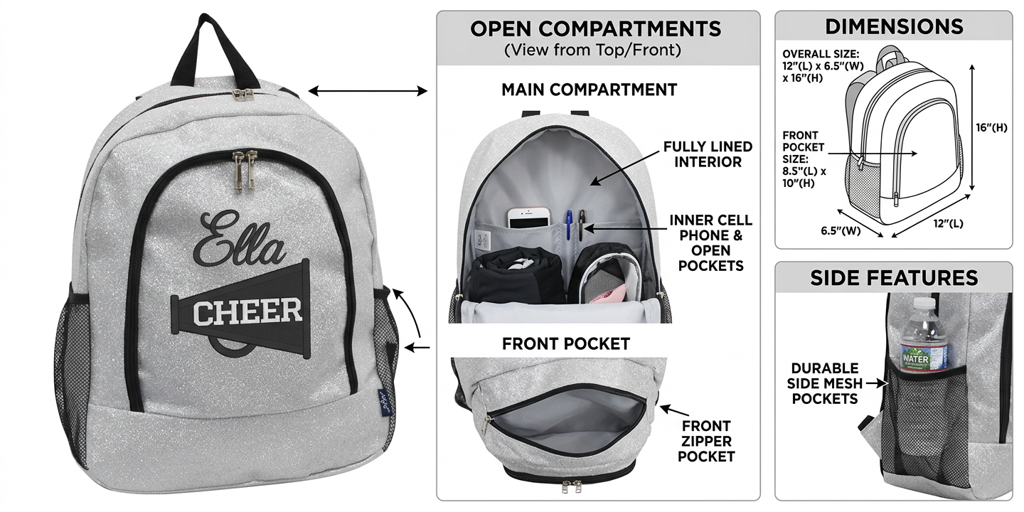 Personalized Glitter Cheer Backpack | Custom Embroidered Team Bag