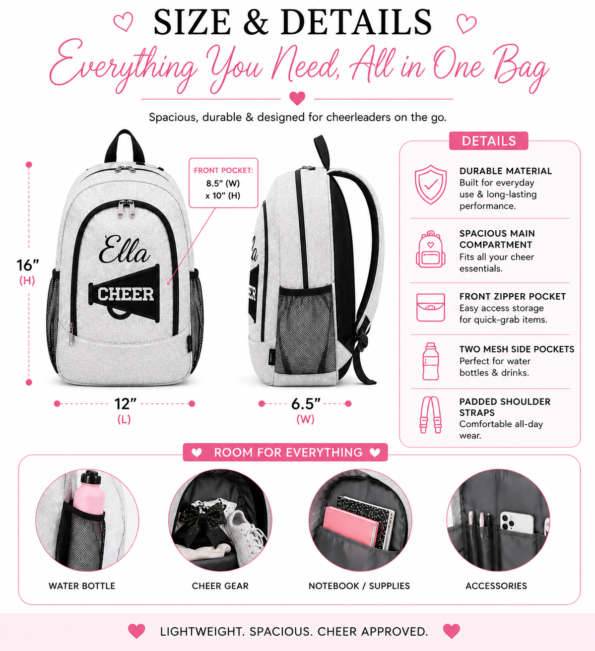 size dimensions cheer backpack 16 inch height