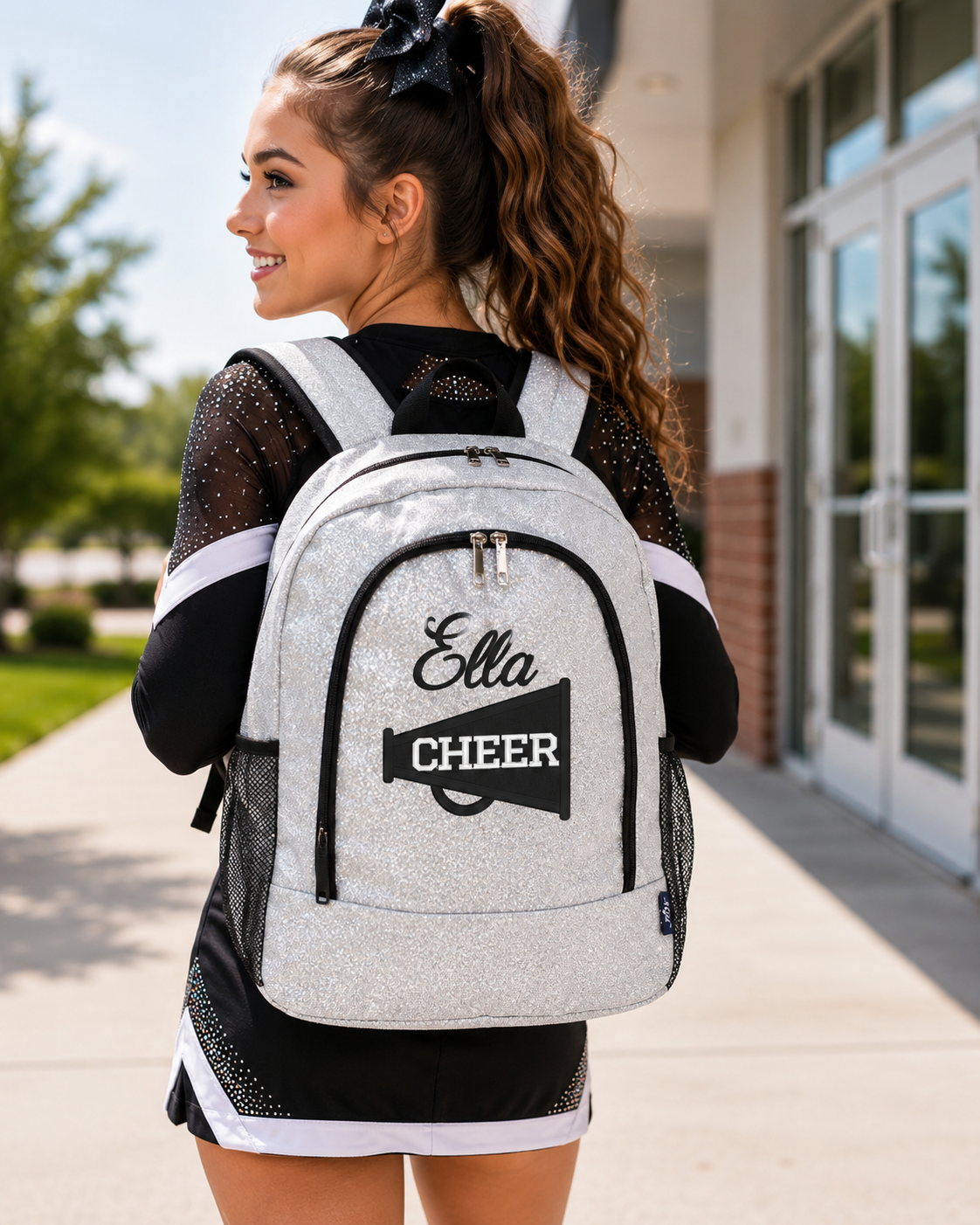 personalized silver glitter cheer backpack with name