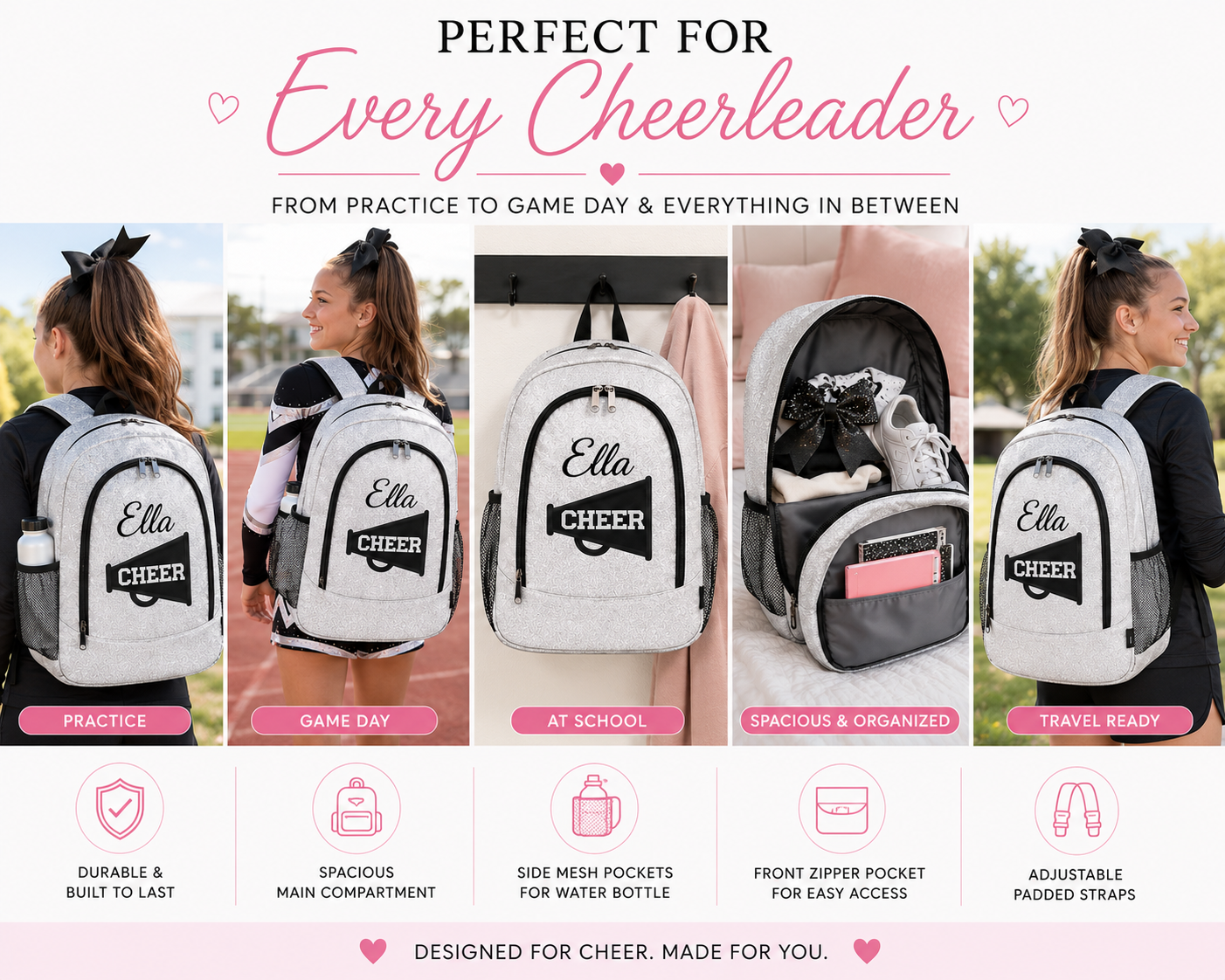 features of glitter cheer backpack compartments