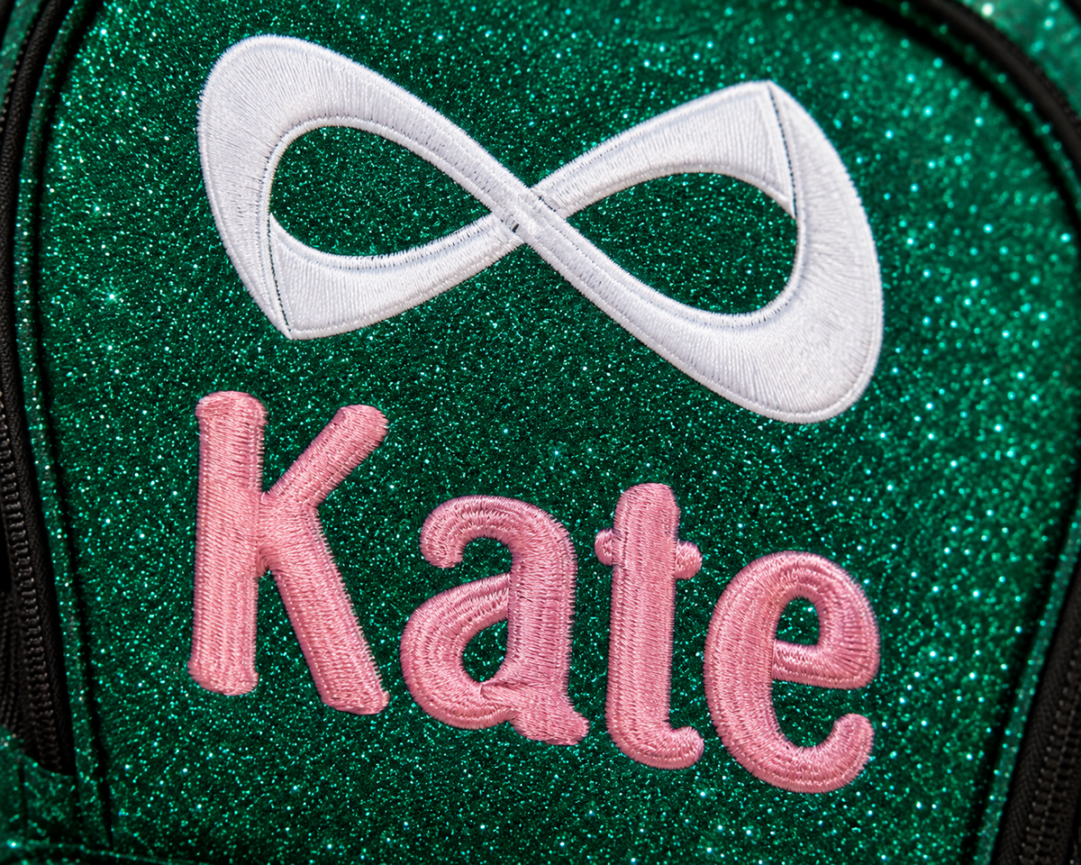 Personalized Emerald Green Nfinity Sparkle Backpack | Custom Embroidered Cheer, Dance & Gymnastics Competition Bag