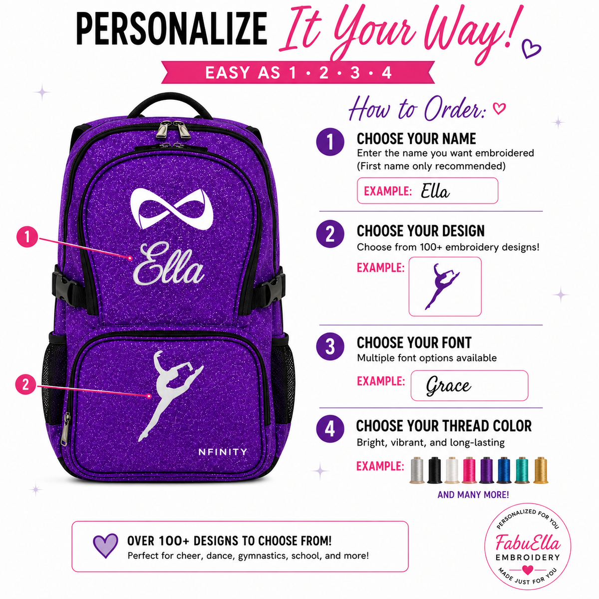 Personalization: Purple glitter cheer backpack personalization guide showing name, font, thread color and design choices.