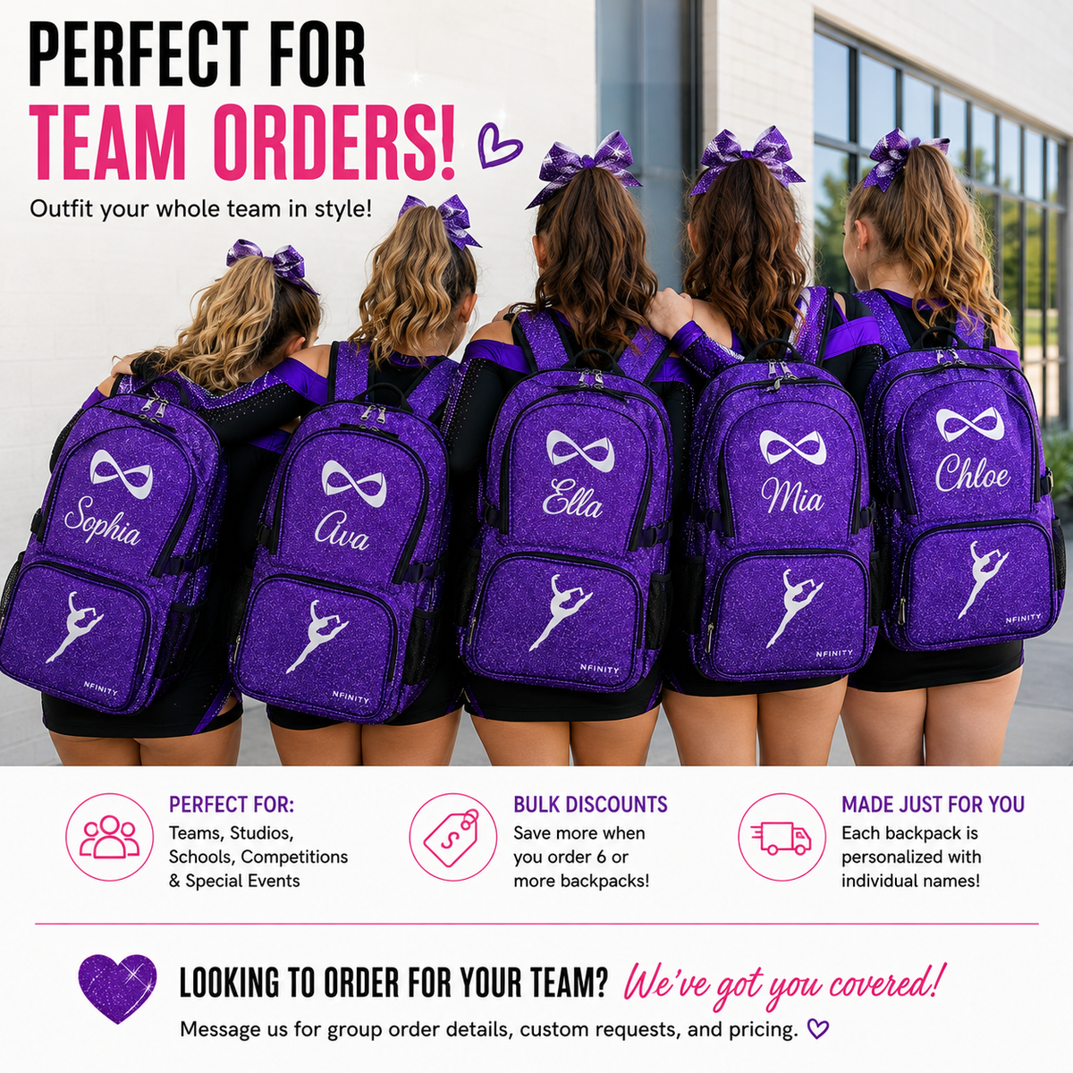 Matching personalized glitter cheer backpacks for team and group orders with individual embroidered names.
