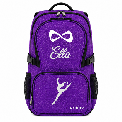 Product: Front view of personalized purple Nfinity glitter cheer backpack with custom embroidery.