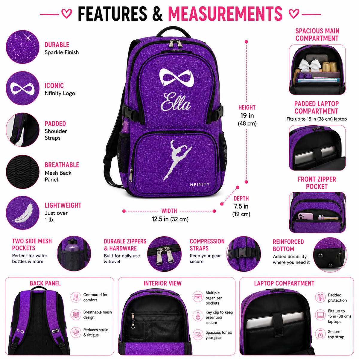 Features: Purple glitter cheer backpack showing dimensions, storage pockets, side pockets, padded straps and laptop compartment.