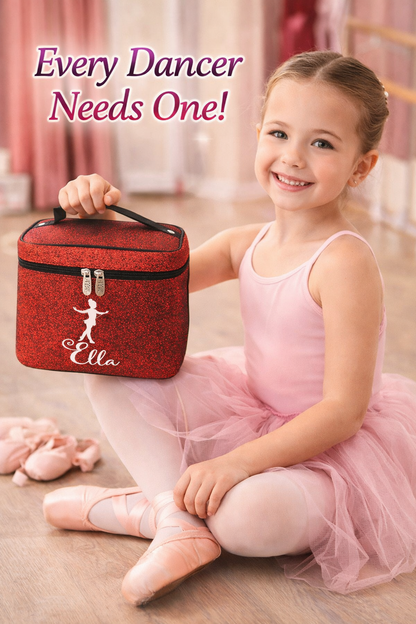 Red Glitter Dancer Cosmetic Case – Personalized Dance Makeup Bag Travel Train Case
