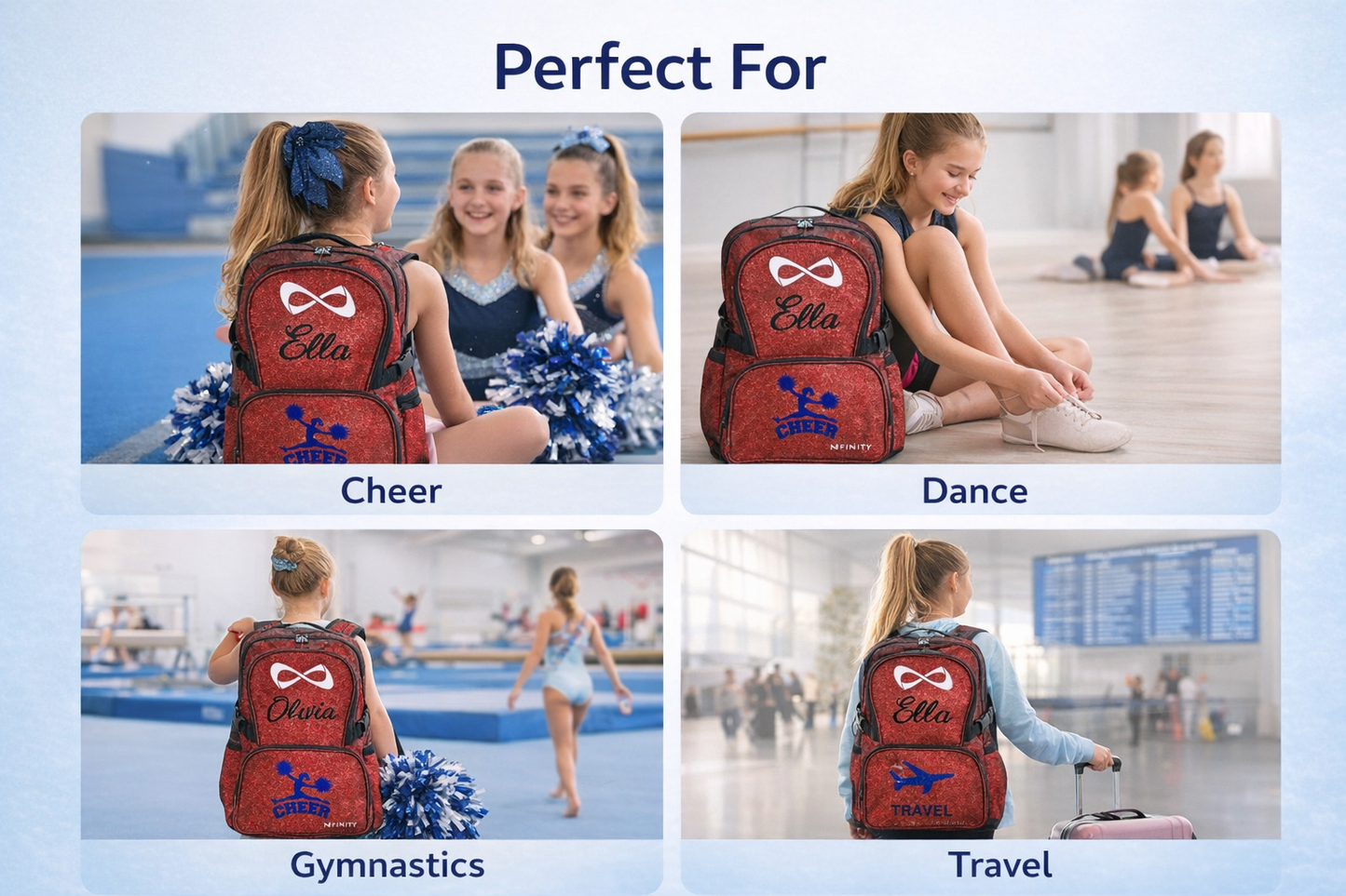 Personalized Nfinity Teal Sparkle Cheer Backpack – Custom Name Cheer Bag with Bold Block Font