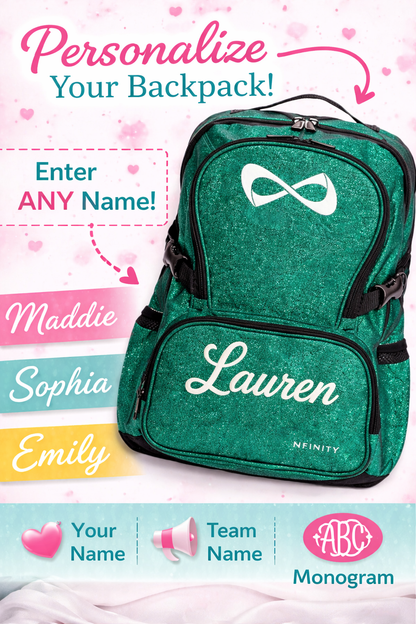 Personalized Green Glitter Cheer Backpack – Custom Name Sparkle Sports Bag – Cheerleader Competition Backpack