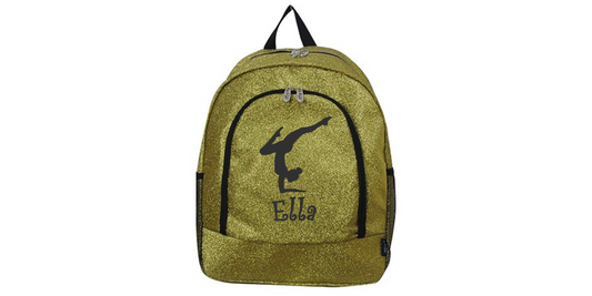 gold glitter gymnastics backpack with gymnast silhouette and personalized name