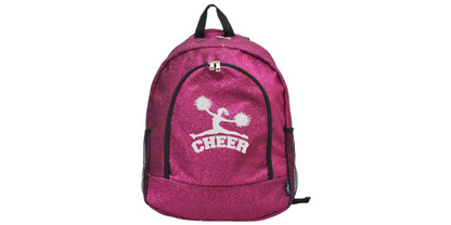 Hot pink glitter cheer backpack with white cheerleader graphic and “CHEER” text on the front pocket