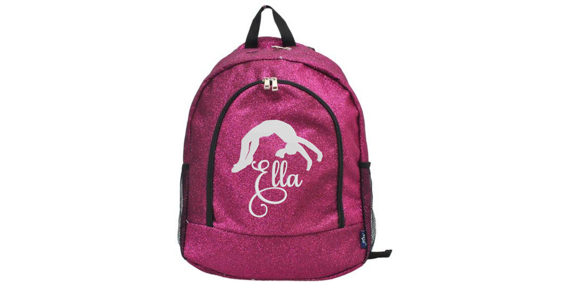 Hot pink glitter personalized cheer backpack with custom name and cheerleading backbend silhouette design