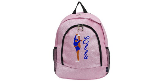 pink glitter cheer backpack with personalized gymnast pose and name