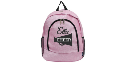 Pink glitter backpack with a cheer megaphone design and the name Ella printed above it
