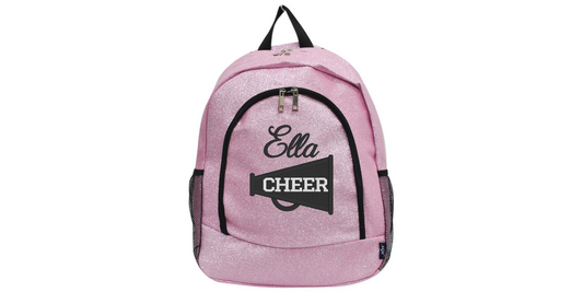 Pink glitter backpack with a cheer megaphone design and the name Ella printed above it

