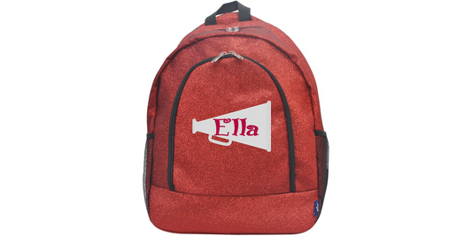 personalized red glitter cheer backpack with megaphone name design for cheerleaders