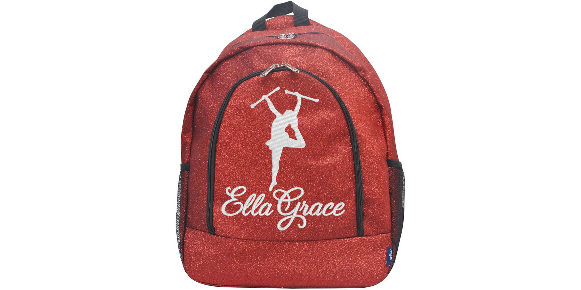 personalized red glitter majorette backpack with baton twirler design and custom name
