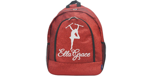 personalized red glitter majorette backpack with baton twirler design and custom name
