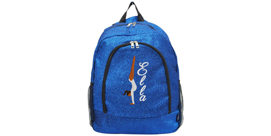 personalized blue glitter gymnastics backpack with handstand gymnast design and name
