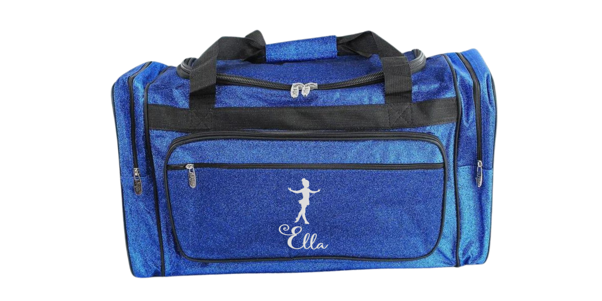 Personalized royal blue glitter dance duffle bag with dancer silhouette and custom name for dance gear.
