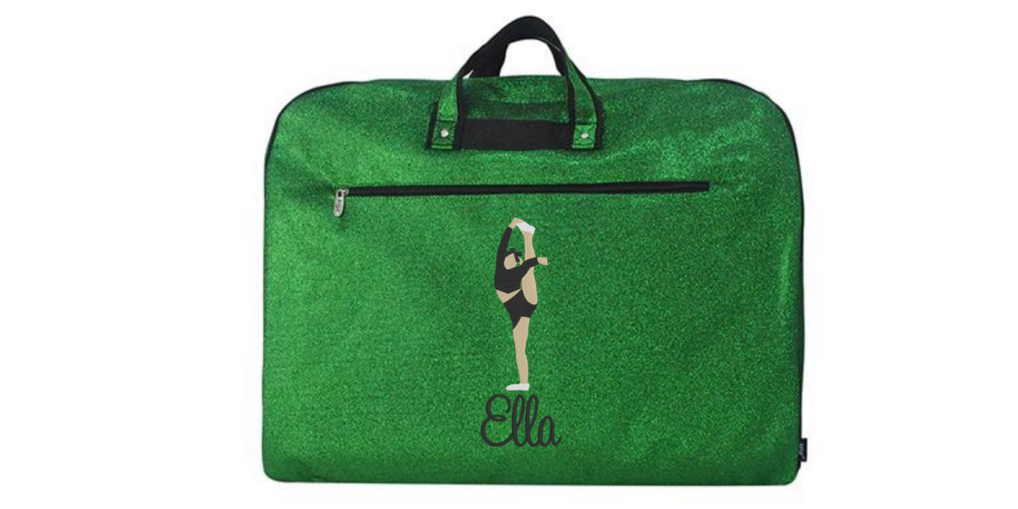 Personalized Glitter Uniform Bag with Embroidered Cheerleader Bow and Arrow Stunt Design