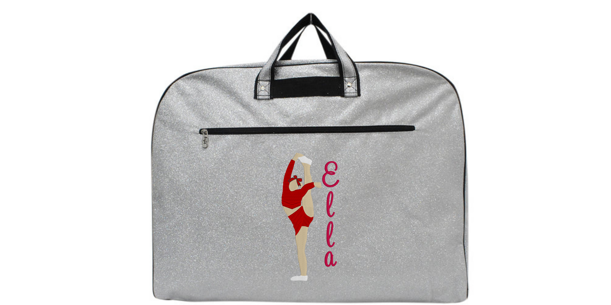 personalized silver glitter cheer garment bag with bow and arrow cheerleader design and custom name for cheer competitions