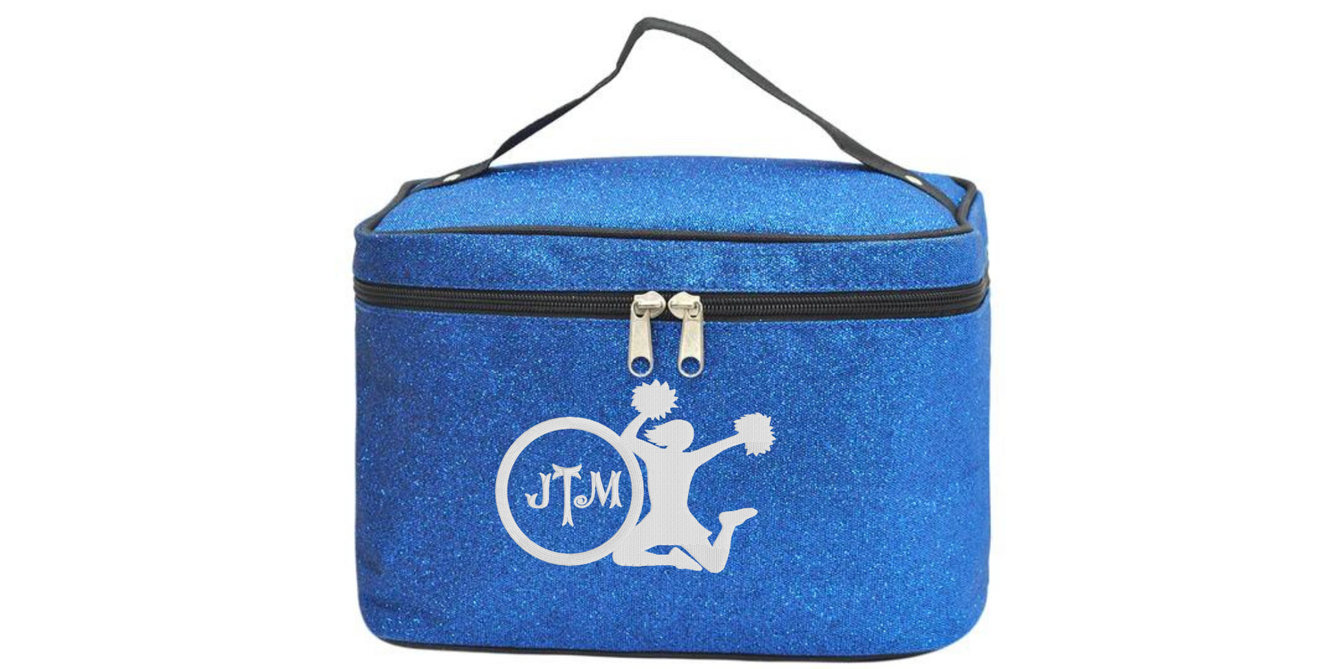 Blue glitter cheerleader cosmetic case with white cheer silhouette and monogram personalization for cheer competitions and travel