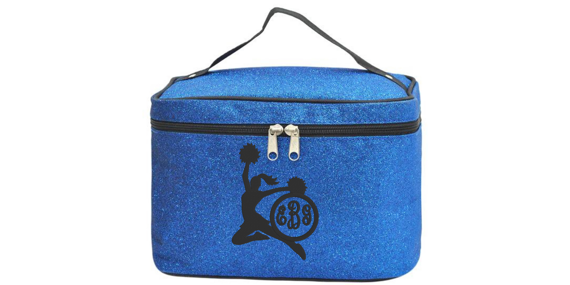 Blue glitter cheerleader cosmetic case with cheer silhouette and monogram personalization for cheer competitions and travel