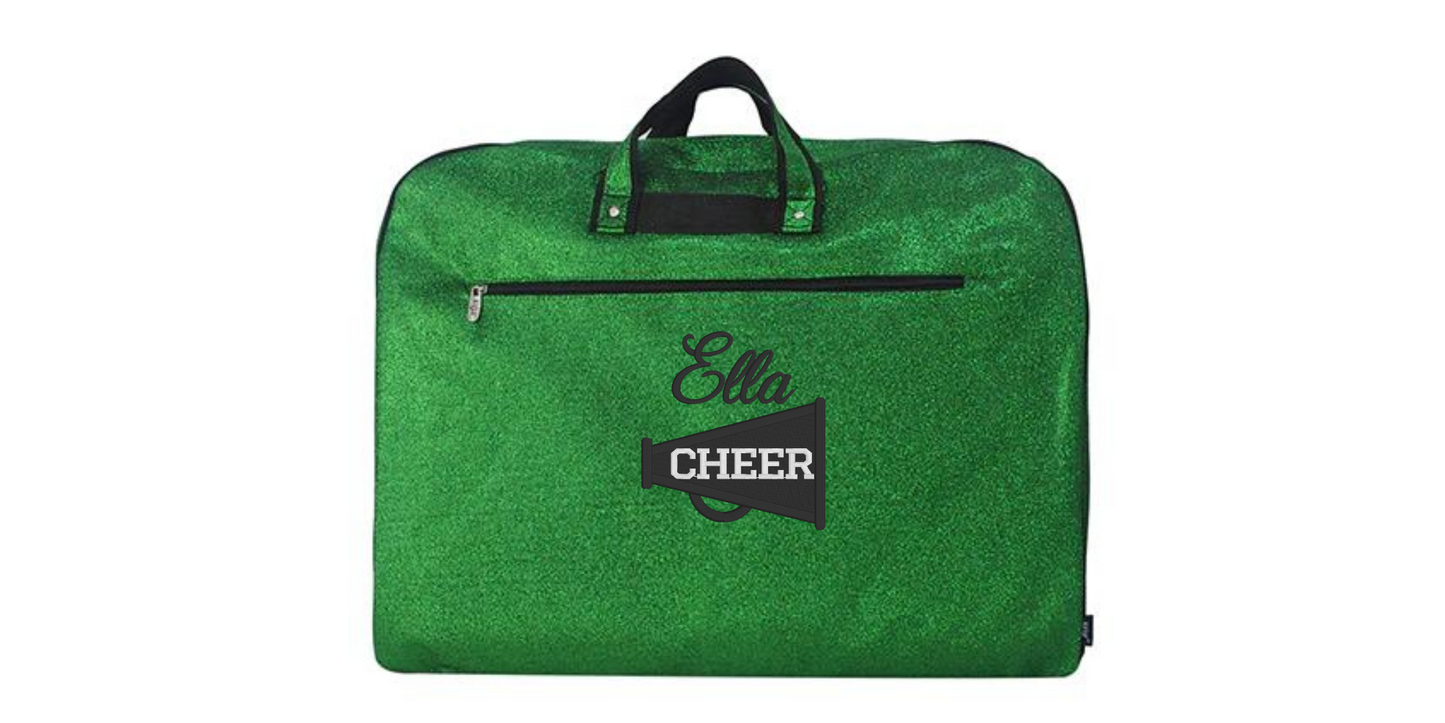 Personalized  Glitter Garment Bag with Embroidered Cheerleader Megaphone Design