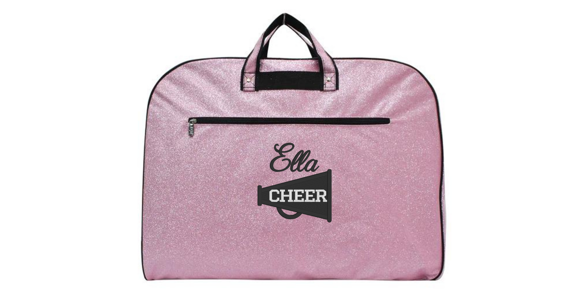 personalized pink glitter cheer garment bag with megaphone design and custom name for cheer competitions and travel
