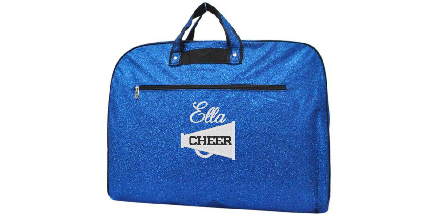 Personalized  Glitter Garment Bag with Embroidered Cheerleader Megaphone Design