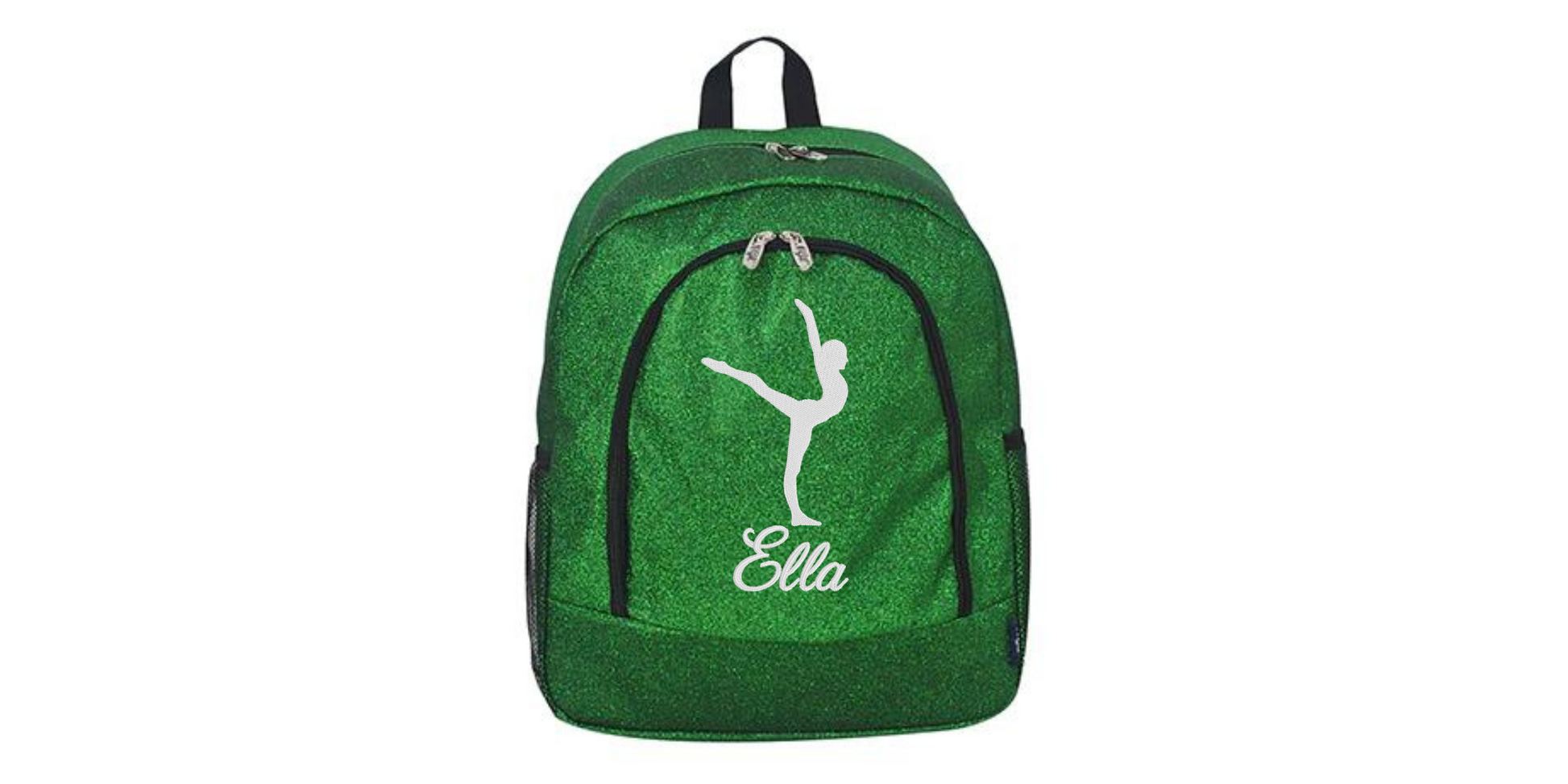 green glitter dance backpack with personalized name and dancer silhouette