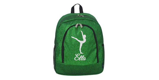 green glitter dance backpack with personalized name and dancer silhouette