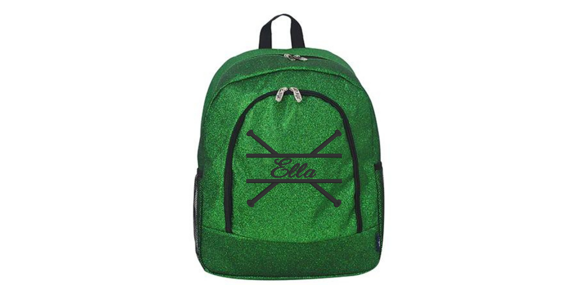 green glitter majorette backpack with crossed baton design and personalized name