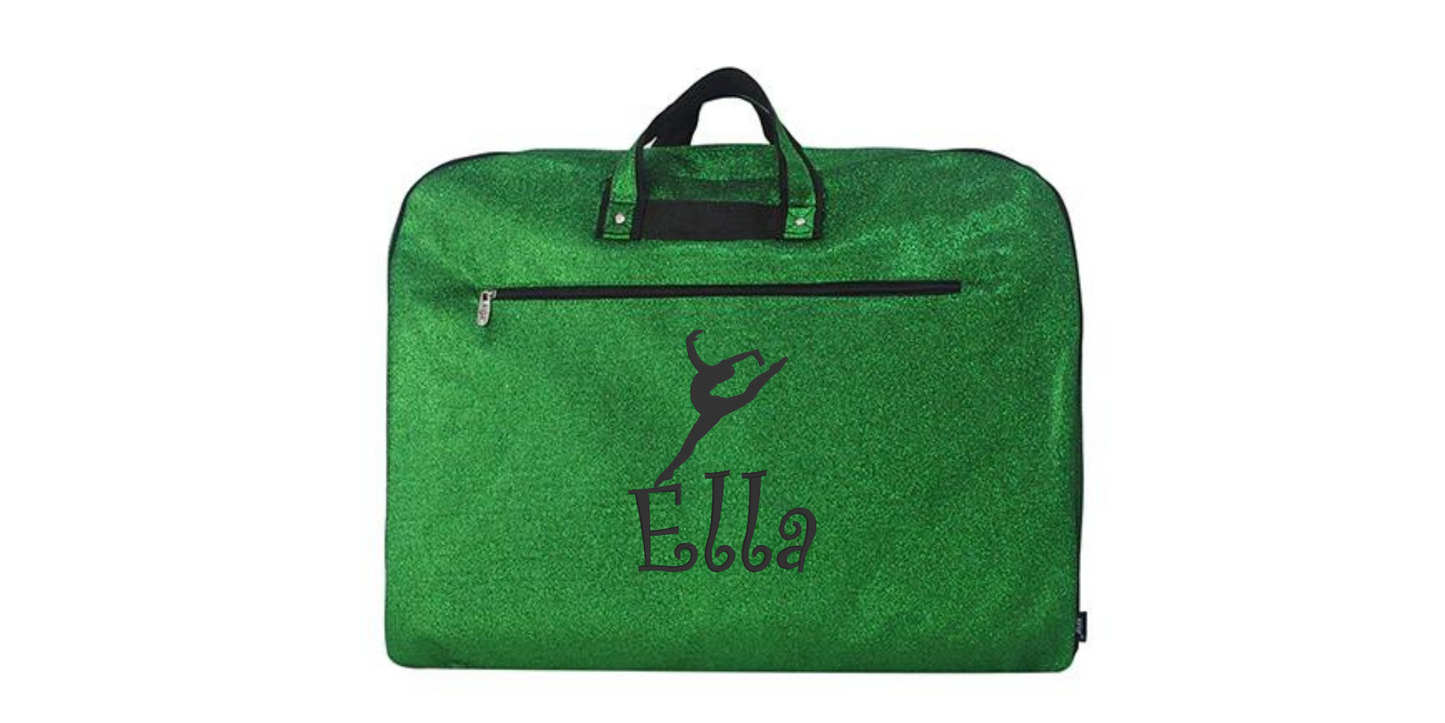 Personalized  Glitter Garment Bag with Embroidered Leaping Dancer Design