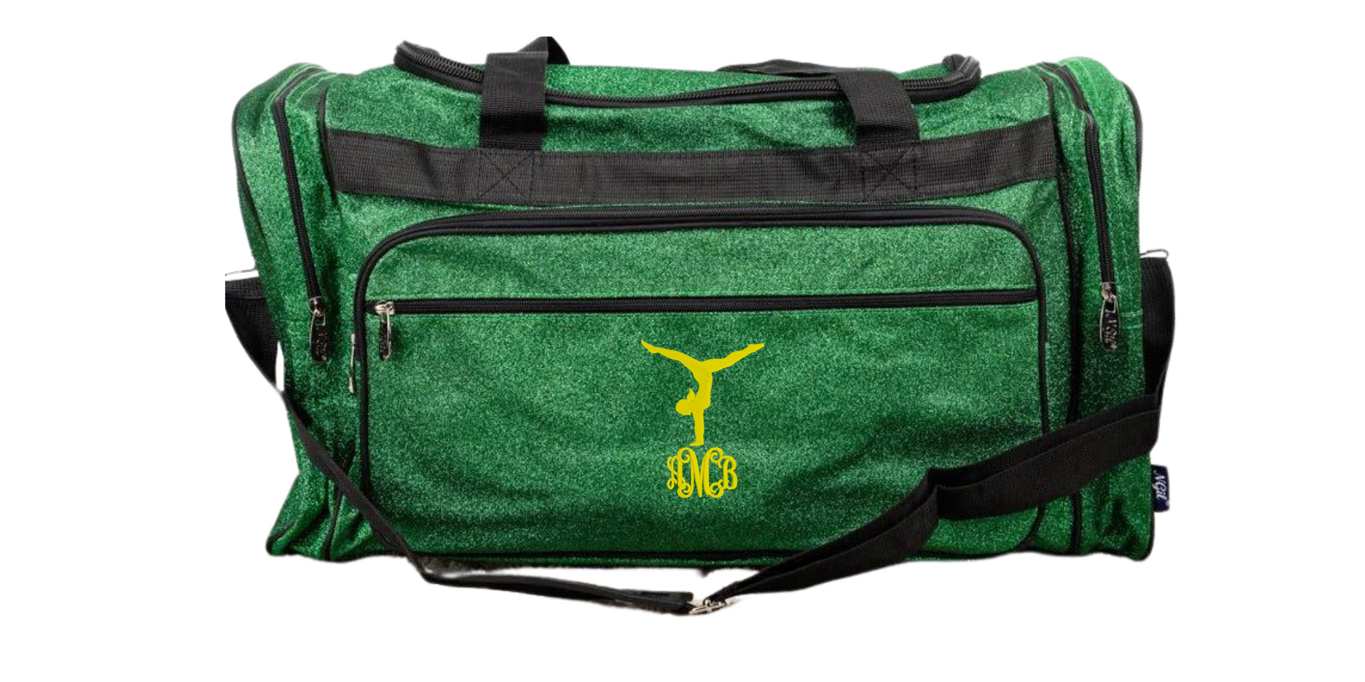 Personalized green glitter gymnastics duffle bag with gymnast silhouette and custom monogram for girls gym gear.