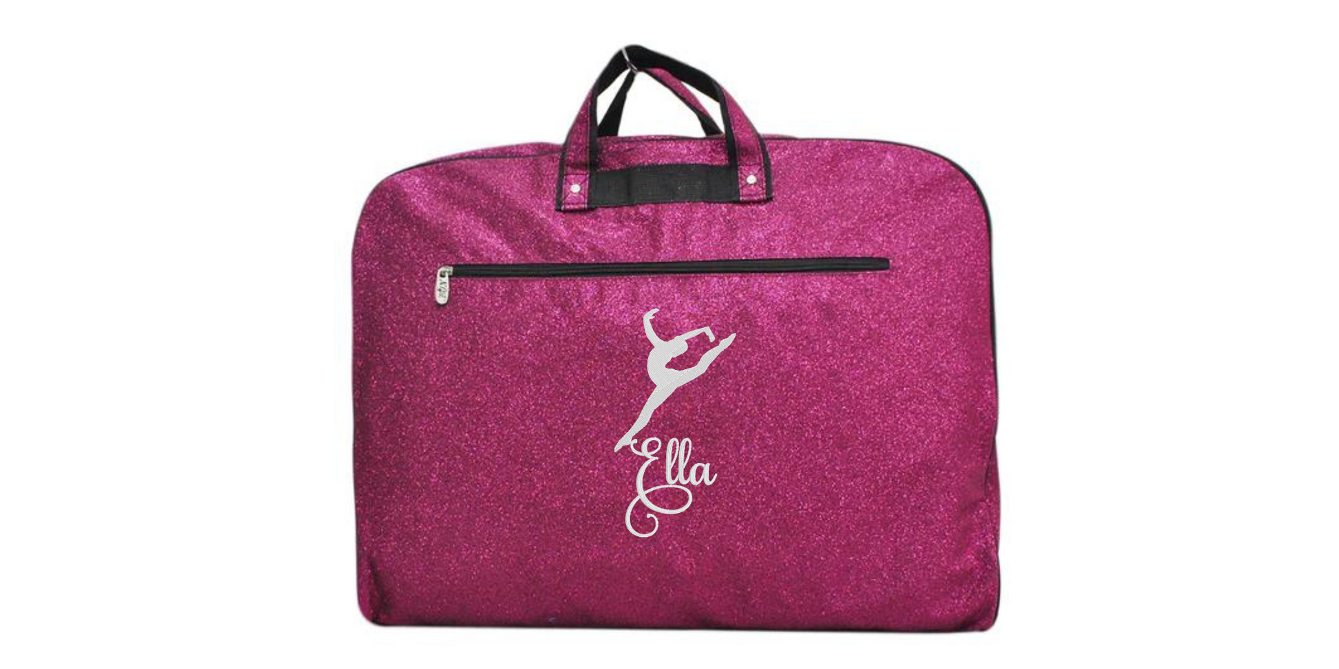 personalized hot pink glitter dance garment bag with leaping dancer silhouette and custom name for dance competitions and recitals