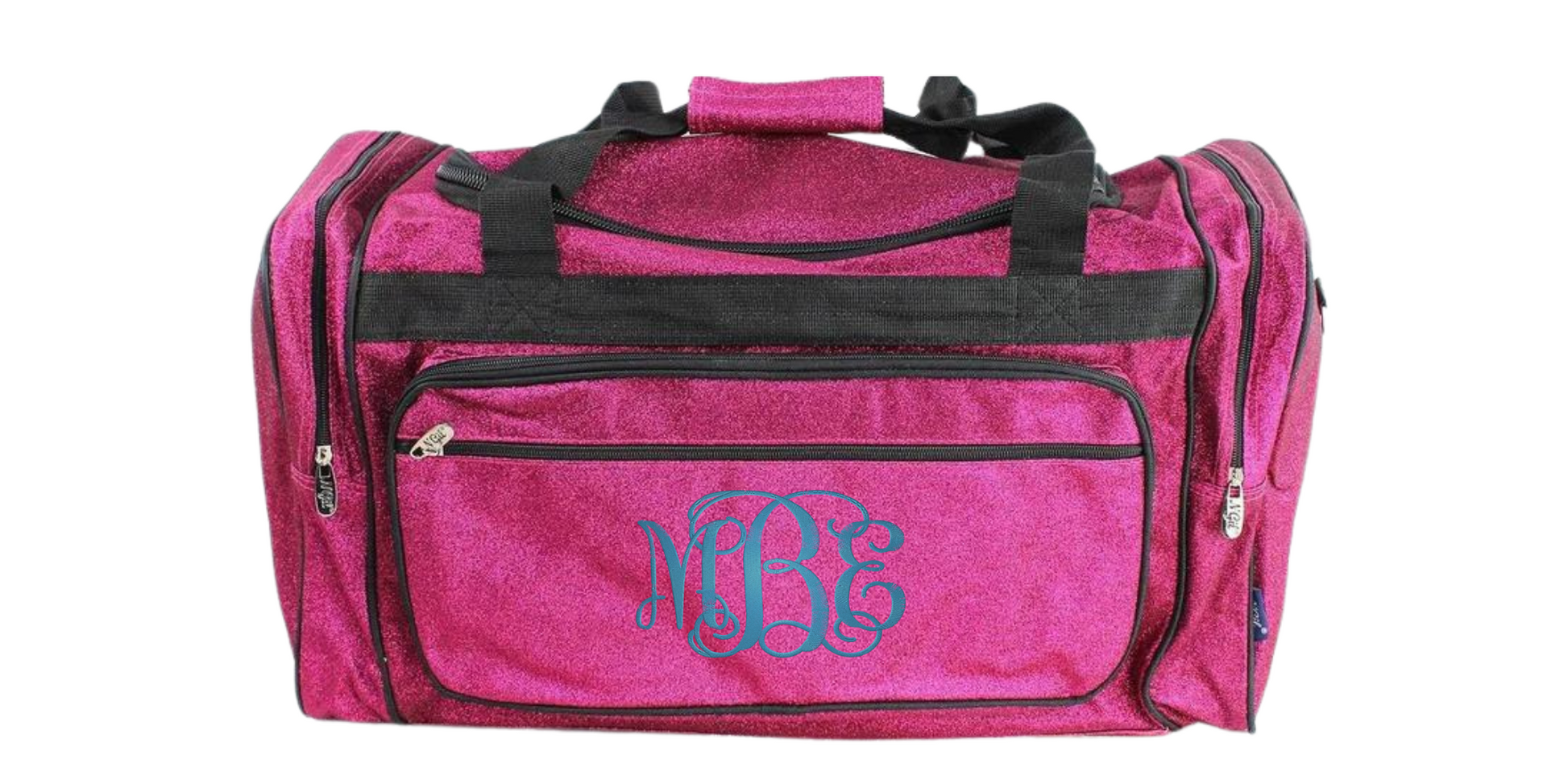 Dimensions:

Monogrammed hot pink glitter duffle bag with personalized initials for travel, gym, and weekend trips.