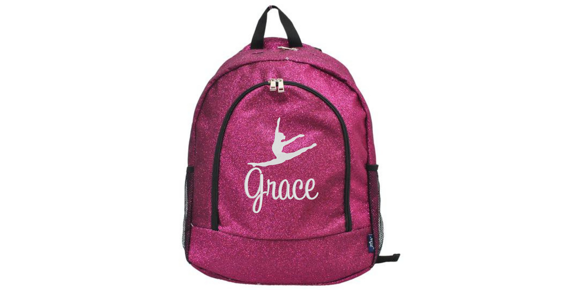 Hot pink glitter cheer backpack with white cheer silhouette and custom name “Grace” on the front pocket