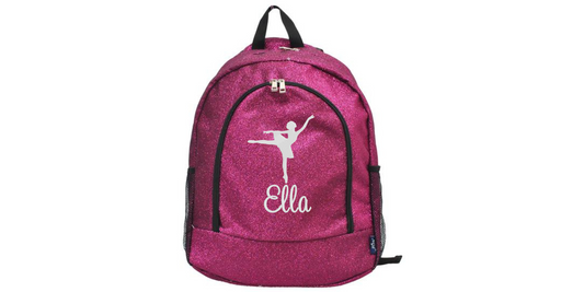 hot pink glitter dance backpack with personalized name and dancer silhouette