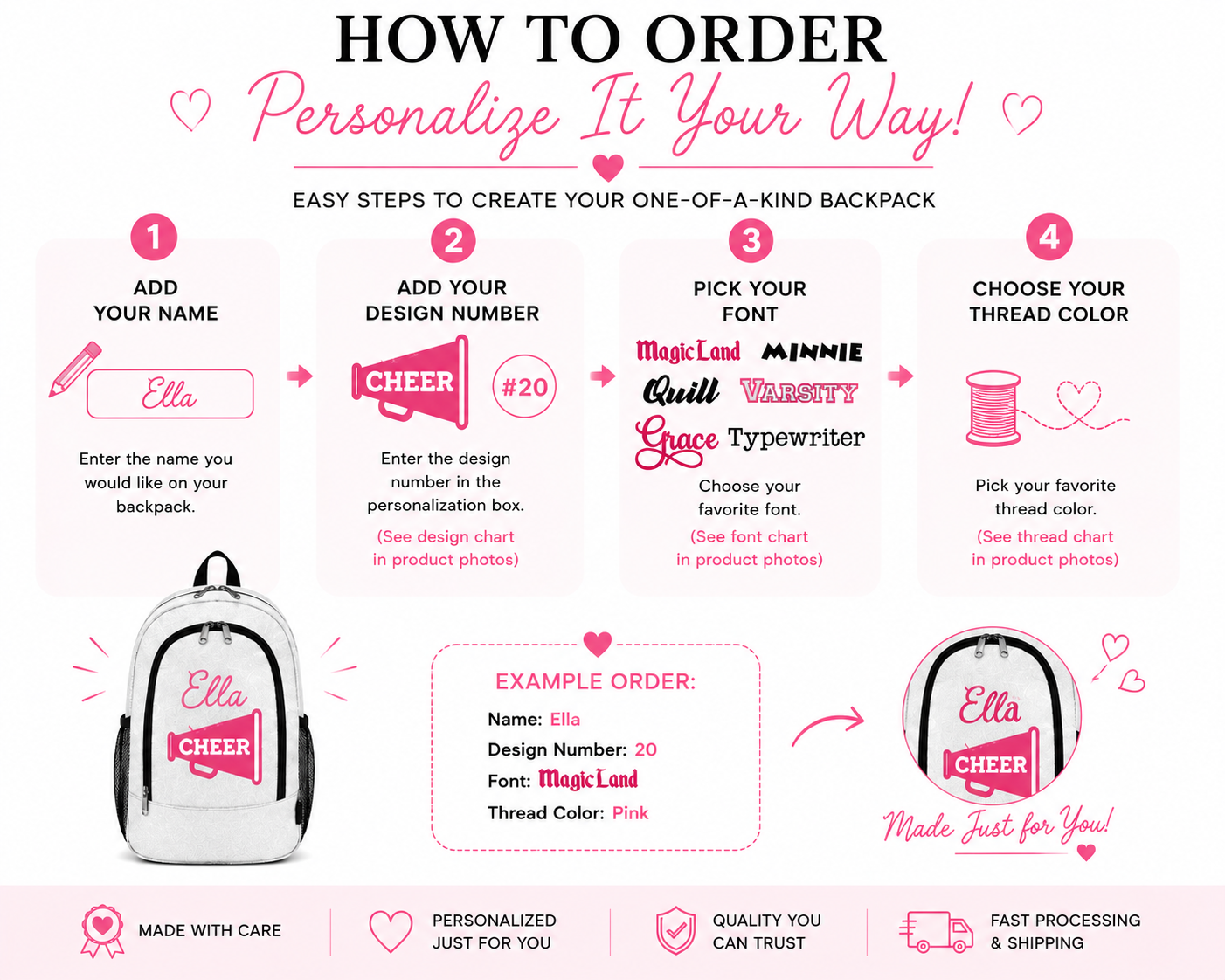 how to order personalized cheer backpack