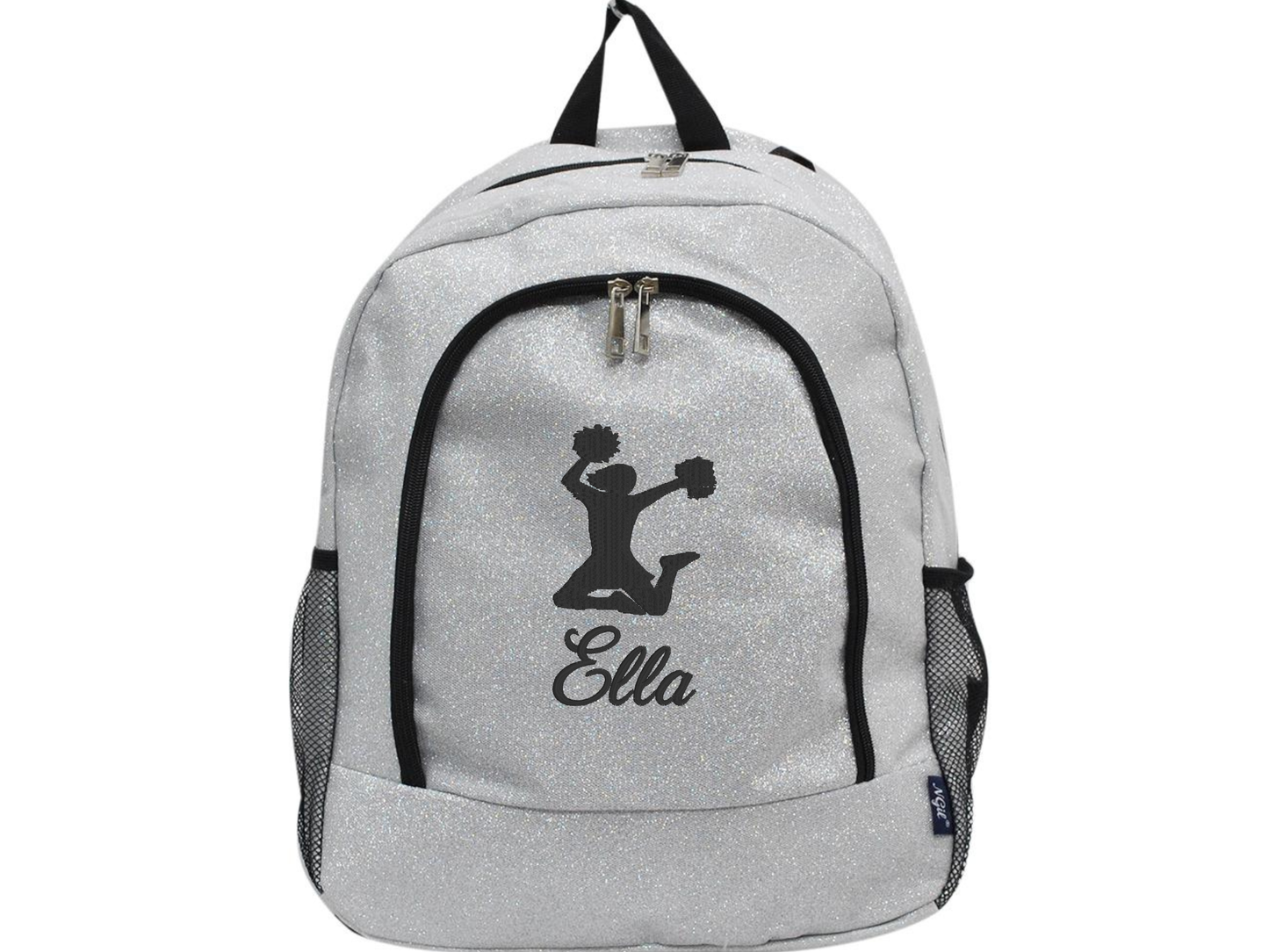 Silver glitter backpack with a jumping cheerleader silhouette and custom name printed on the front
