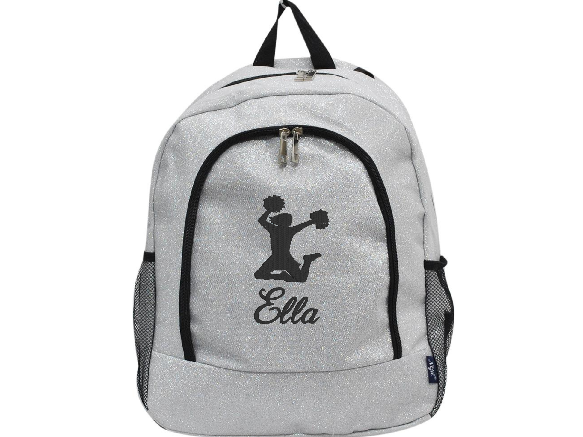 Silver glitter backpack with a jumping cheerleader silhouette and custom name printed on the front
