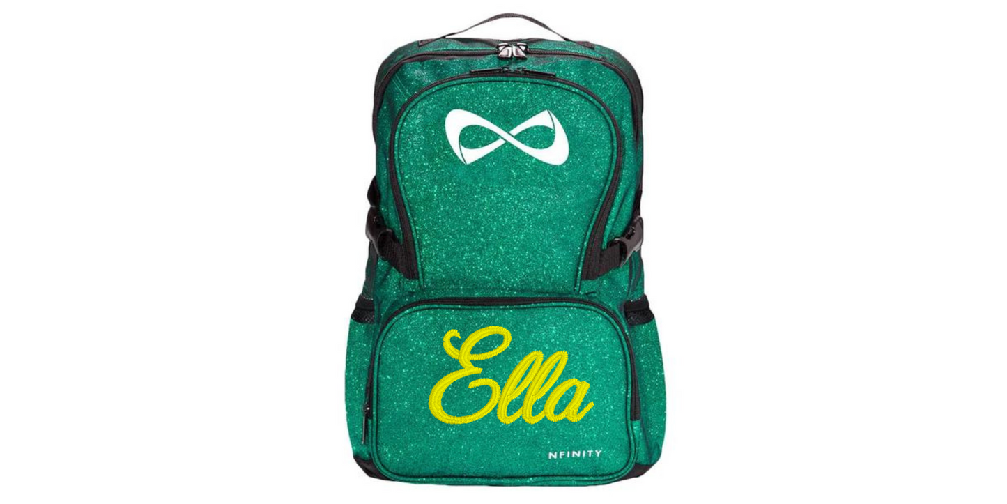 Personalized Green Nfinity Glitter Backpack – Custom Embroidered Cheer, Dance & Gymnastics Bag