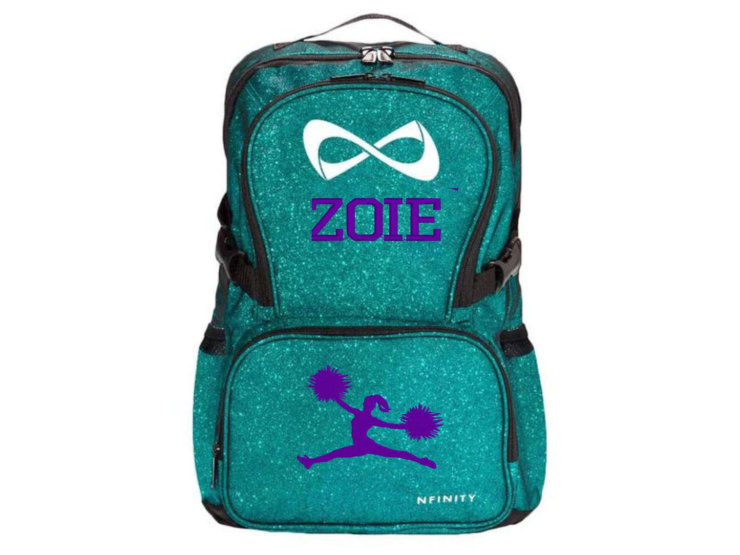Personalized Nfinity teal sparkle cheer backpack with purple custom name Zoie and cheerleader design
