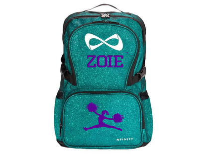 Personalized Nfinity teal sparkle cheer backpack with purple custom name Zoie and cheerleader design